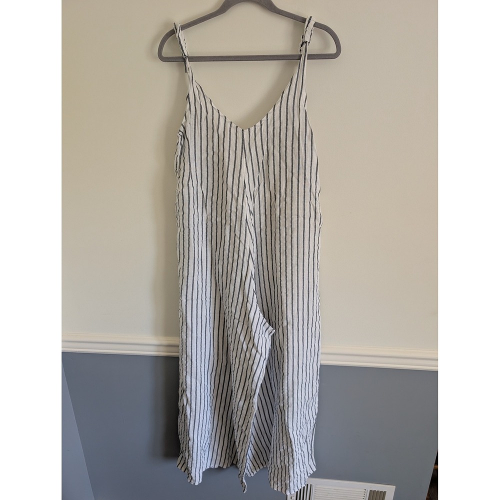 Puro Lino Italy Linen Striped Wide Leg Jumpsuit Navy White Tie Strap coastal